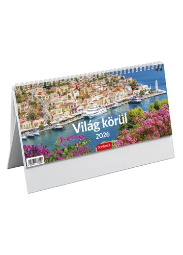 Világ körül asztali naptár fehér álló papírtáblával - 2026