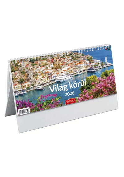 Világ körül asztali naptár fehér álló papírtáblával - 2026