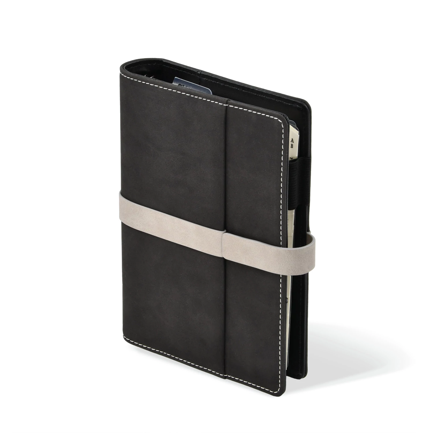 L225 fekete-szürke velúrbőr gyűrűs kalendárium, filofax